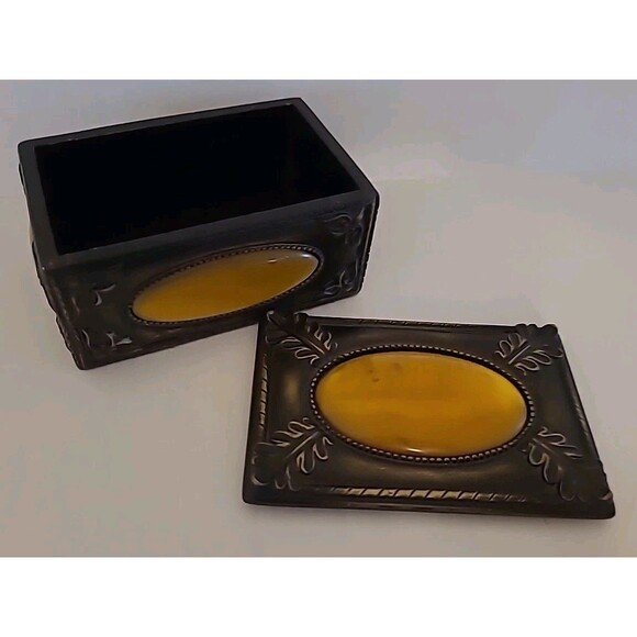 Vintage Art Deco Bakelite Trinket Box Lid Bronze Yellow Gold 4.5"  X 3" Quoizel - Picture 4 of 10